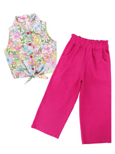 CONJUNTO CAMISA FLORES SIN MANGA CON PANTALON FIUSHA