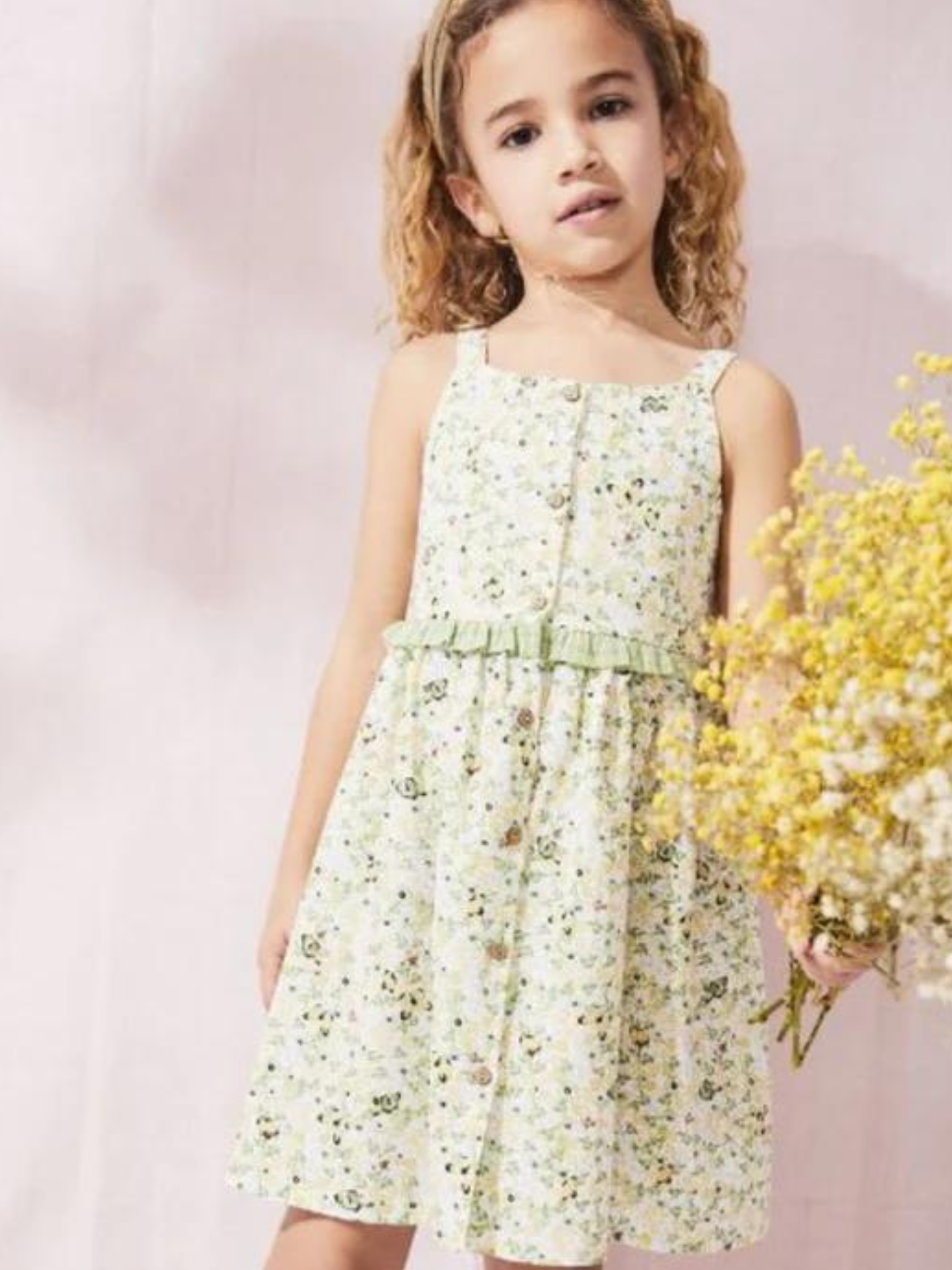 VESTIDO DE NIÑA ESTAMPADO FLORES AMARILLAS Y VERDES