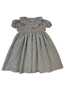 VESTIDO GRIS CUADROS PEQUEÑOS CON SMOCK ROSA PASTEL