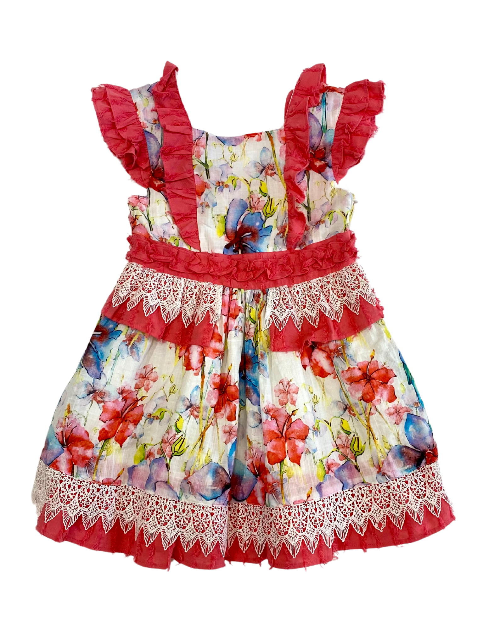 VESTIDO ESTAMPADO DE FLORES CON ENCAJE EN CINTURA Y FALDA