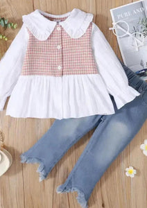 CONJUNTO DE BLUSA ROSA PATA DE GALLO Y JEANS 3 AÑOS